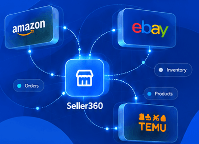 Illustration of Seller360 bringing marketplace workflows into one workspace; not a live connection status